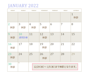 イトーデンタルクリニック 2022年1月の診療日カレンダー